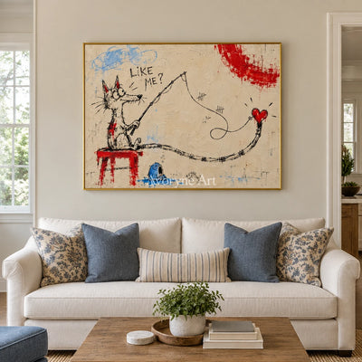 Distant Cadence playful character wall art with a gold frame hanging in a living room