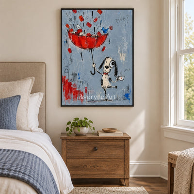 Distant Interval playful character wall art with a black frame above a bed in a bedroom