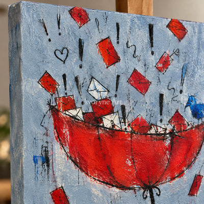 Close-up of the hand-painted texture of Distant Interval playful character wall art on an easel
