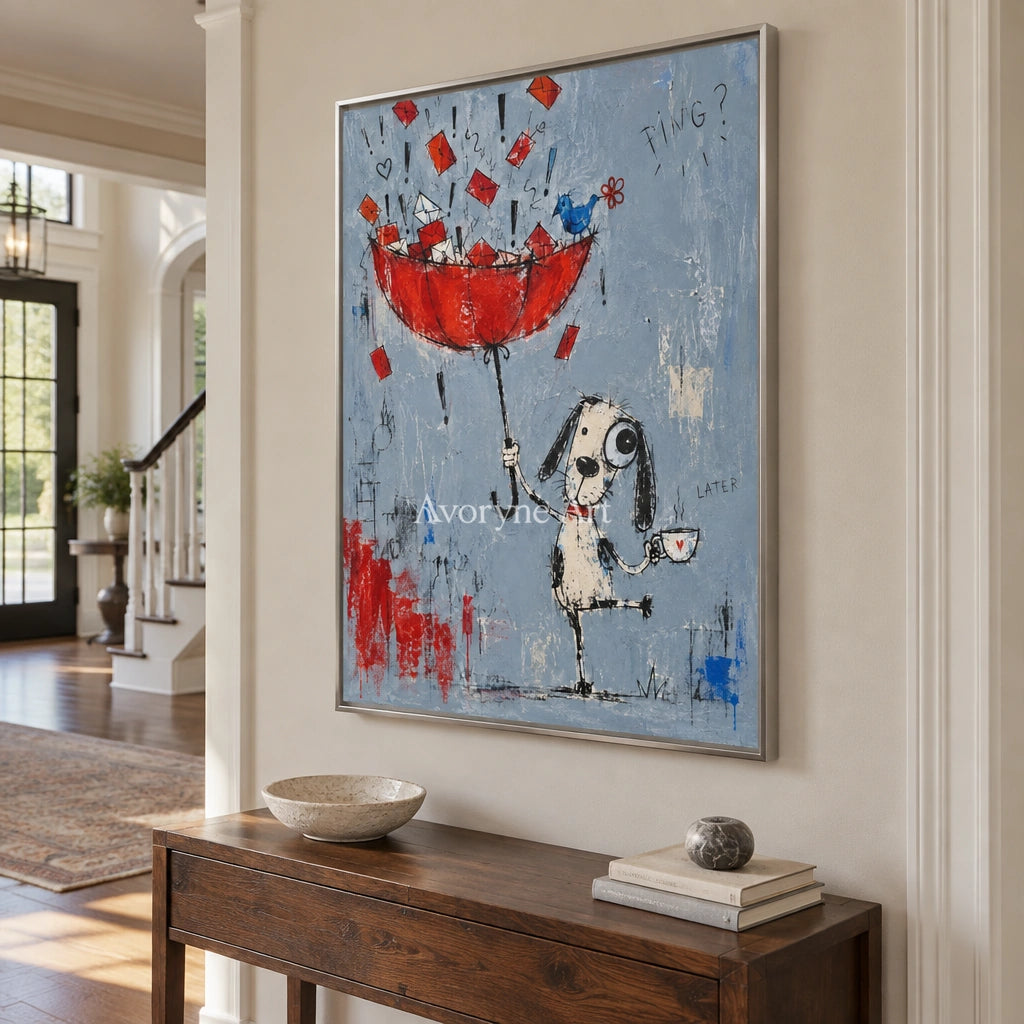 Distant Interval playful character wall art with a silver frame in an entryway