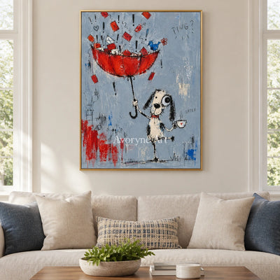 Distant Interval playful character wall art with a gold frame hanging in a living room