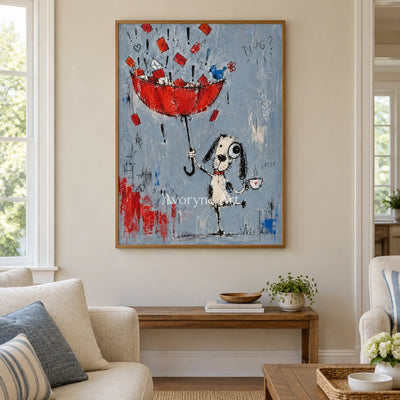 Distant Interval playful character wall art with a wood frame in a villa living space