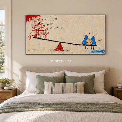 Distant Echo playful character wall art with a black frame above a bed in a bedroom