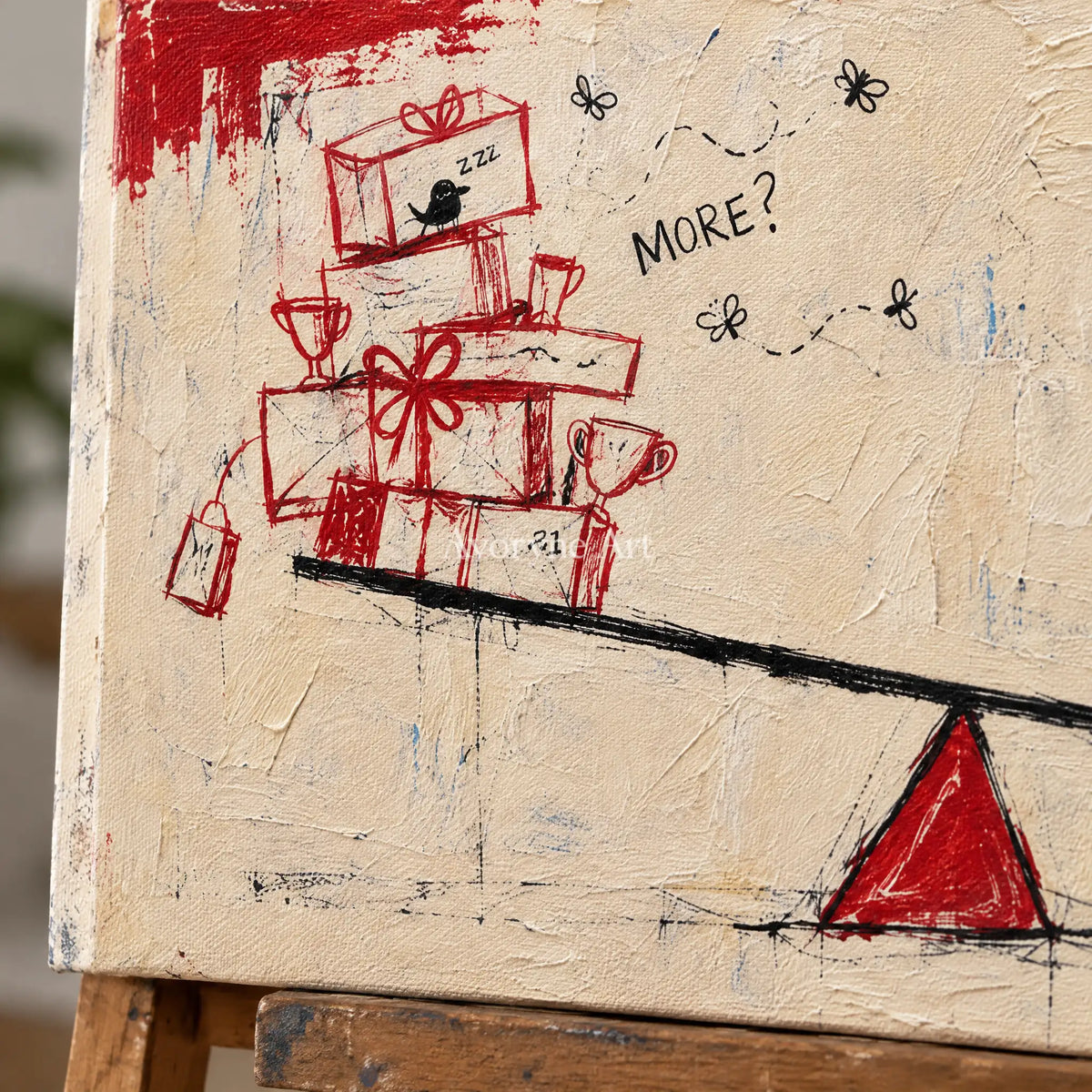Close-up of the hand-painted texture of Distant Echo playful character wall art on an easel