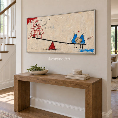 Distant Echo playful character wall art with a silver frame in an entryway