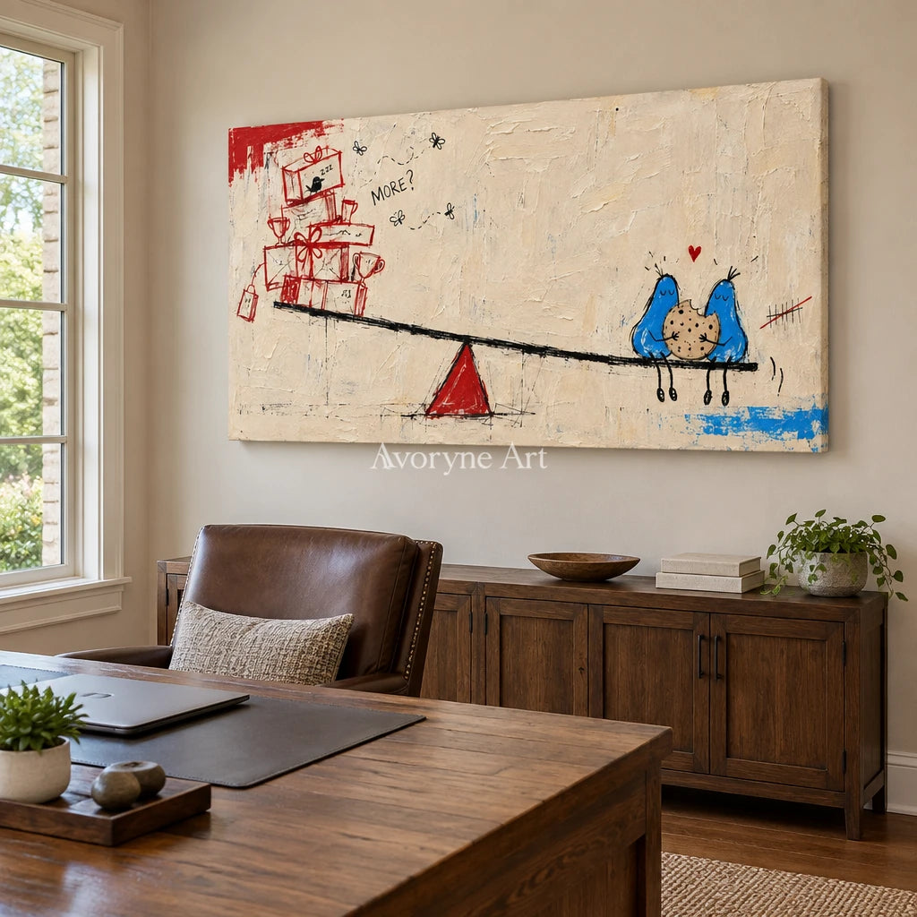 Distant Echo playful character wall art as a frameless stretched canvas in a home office