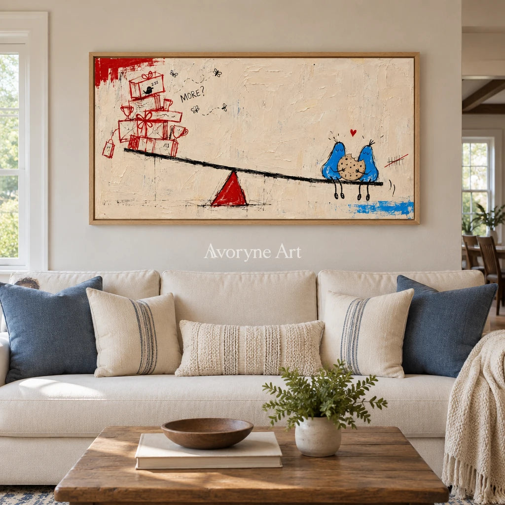 Distant Echo playful character wall art with a wood frame in a villa living space