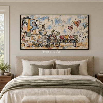 Distant Rhythm playful character wall art with a black frame above a bed in a bedroom