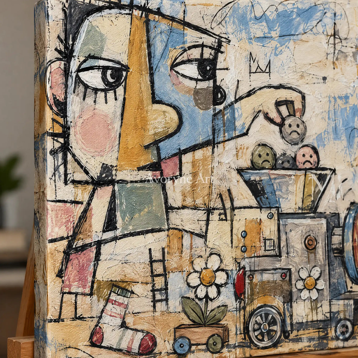 Close-up of the hand-painted texture of Distant Rhythm playful character wall art on an easel