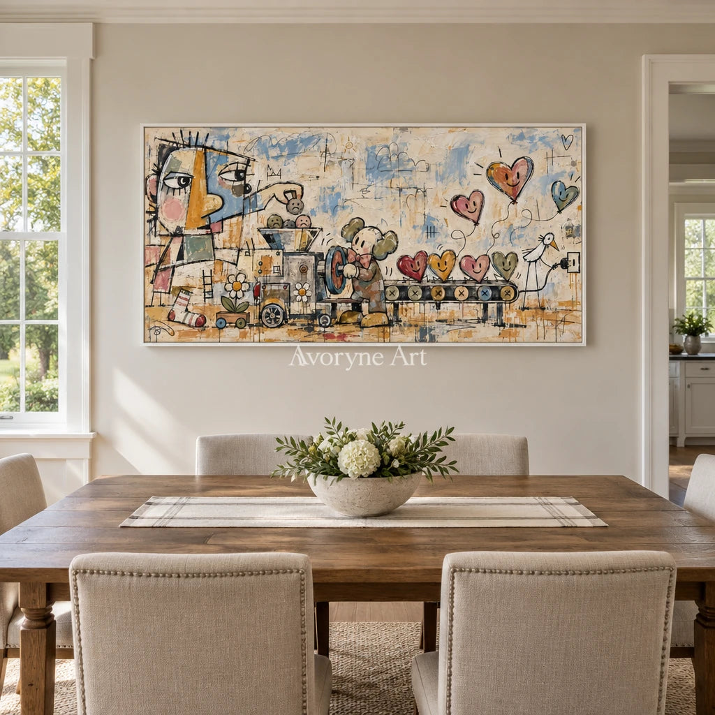 Distant Rhythm playful character wall art with a white frame in a dining room