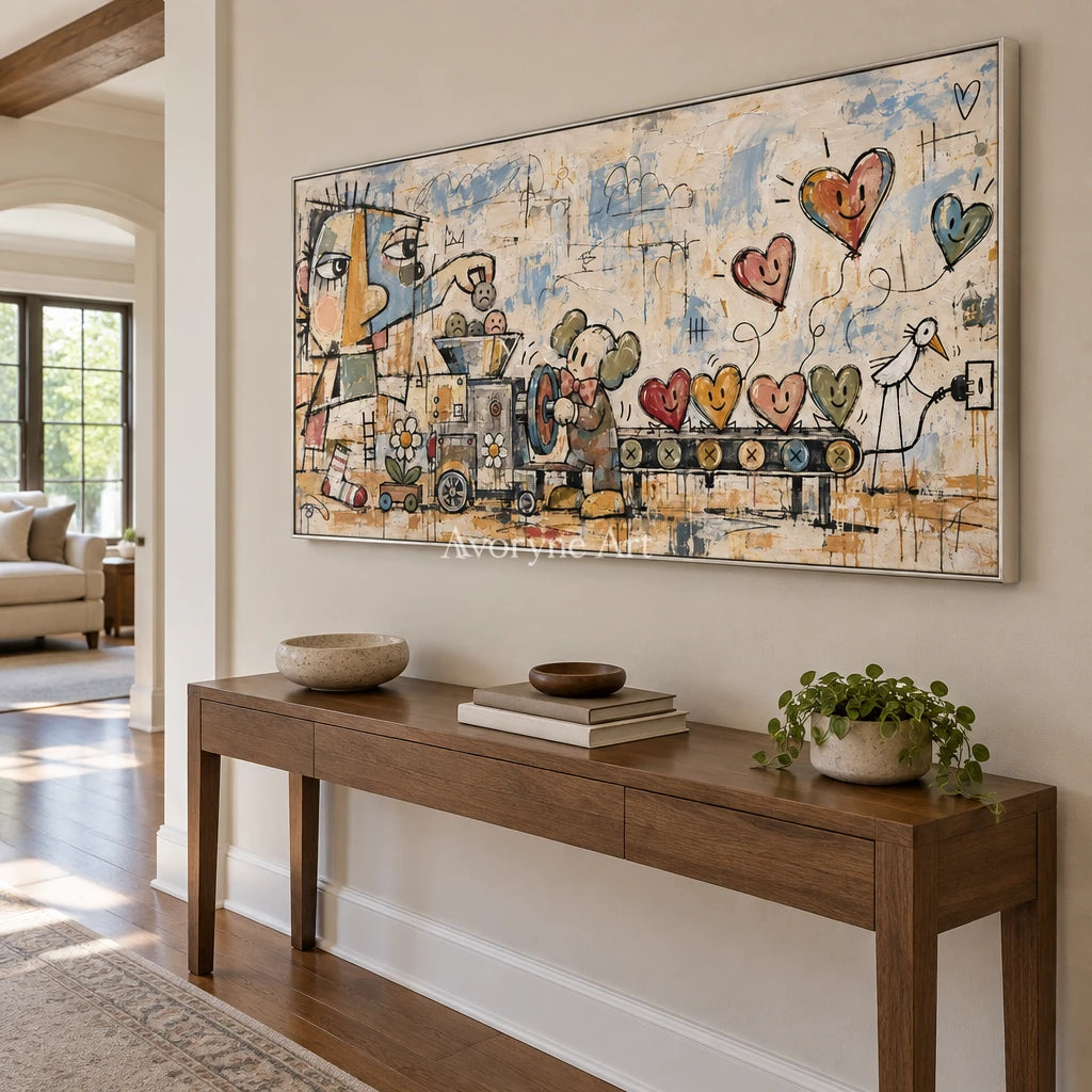 Distant Rhythm playful character wall art with a silver frame in an entryway