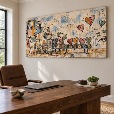 Distant Rhythm playful character wall art as a frameless stretched canvas in a home office