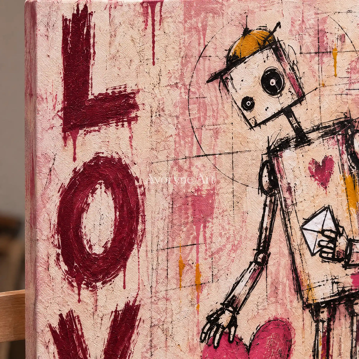 Close-up of the hand-painted texture of Distant Horizon playful character wall art on an easel