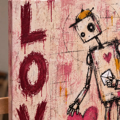 Close-up of the hand-painted texture of Distant Horizon playful character wall art on an easel