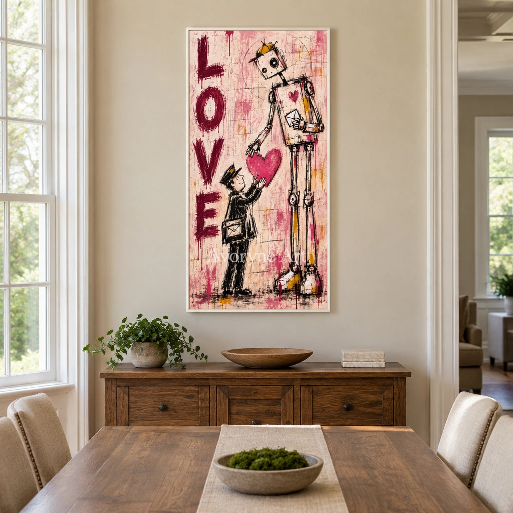 Distant Horizon playful character wall art with a white frame in a dining room
