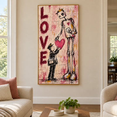 Distant Horizon playful character wall art with a gold frame hanging in a living room
