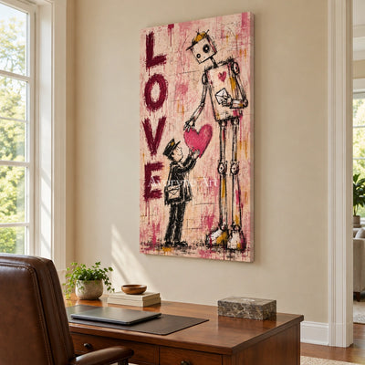 Distant Horizon playful character wall art as a frameless stretched canvas in a home office