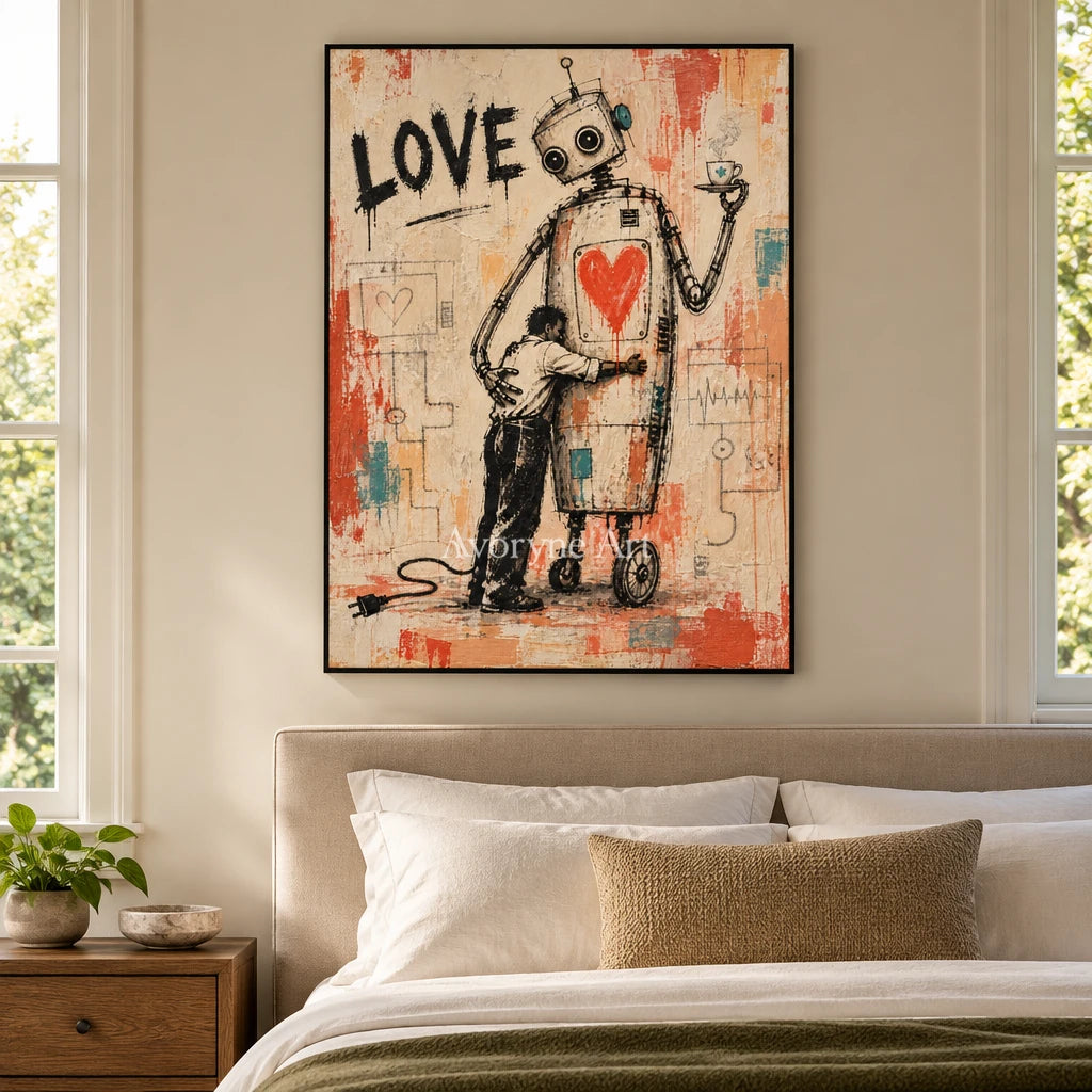 Distant Gesture playful character wall art with a black frame above a bed in a bedroom
