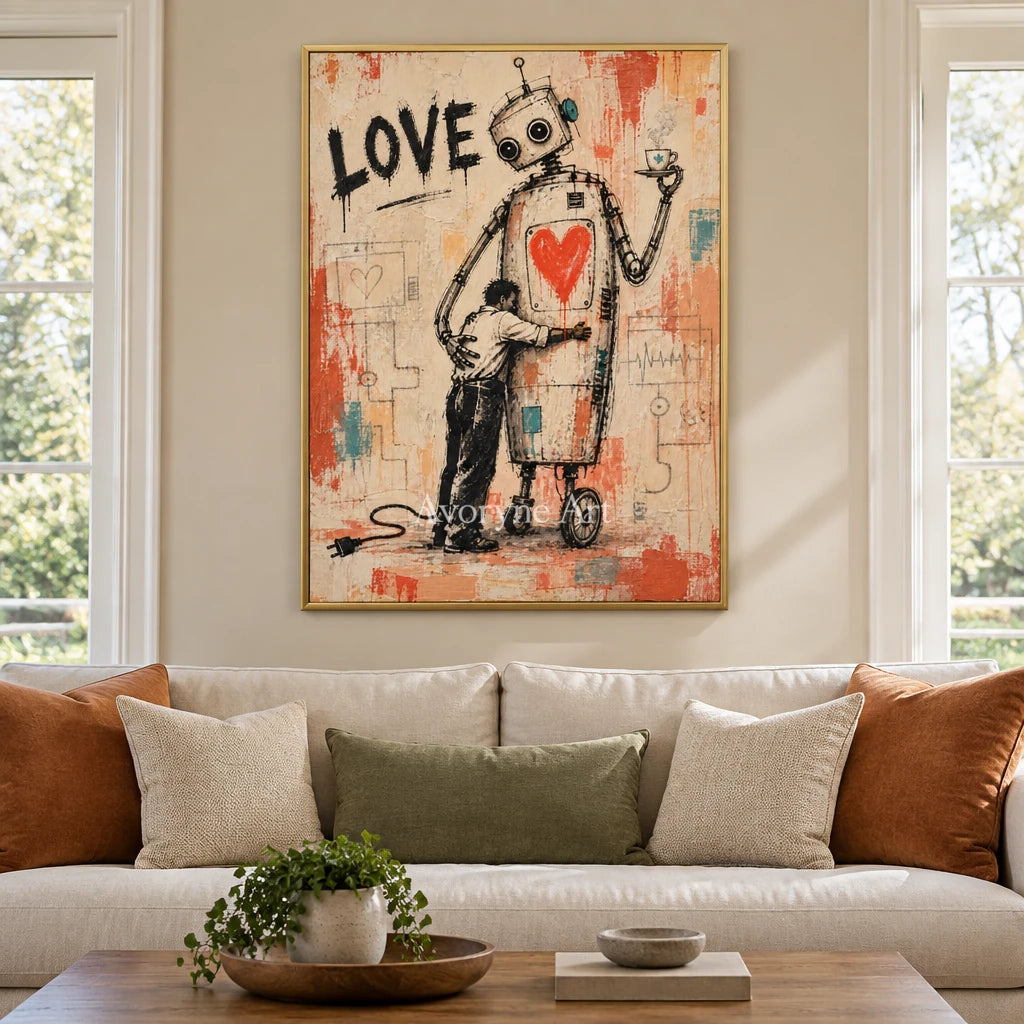 Distant Gesture playful character wall art with a gold frame hanging in a living room