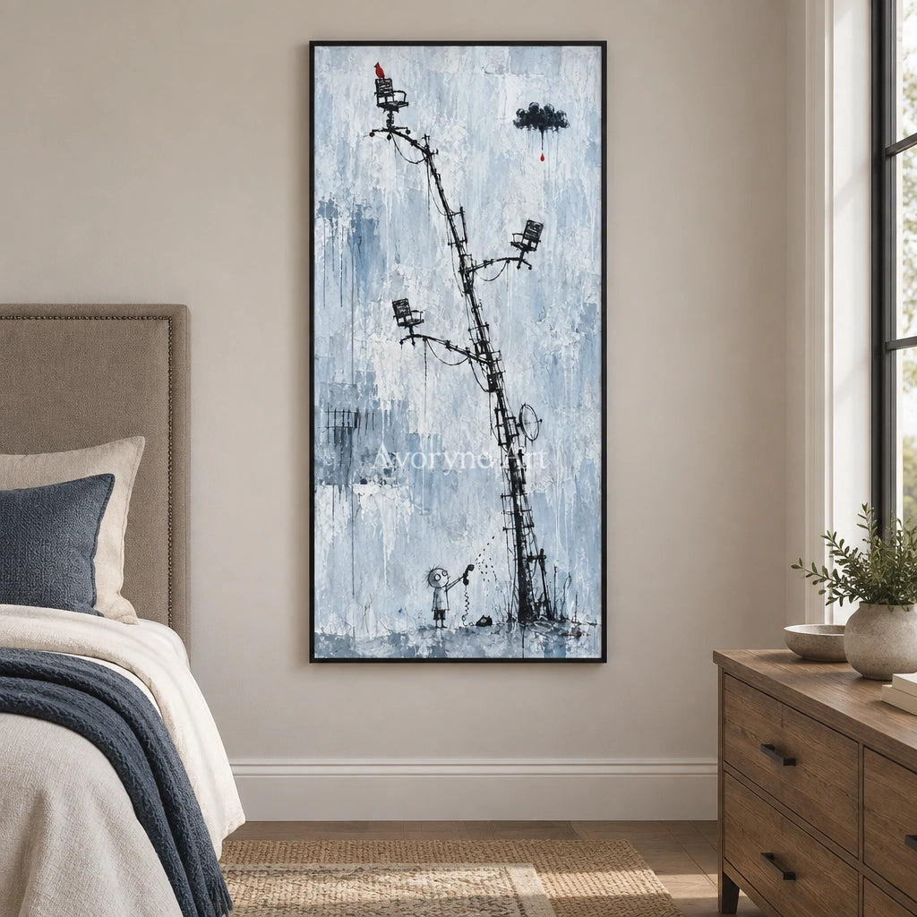 Distant Dialogue playful character wall art with a black frame above a bed in a bedroom