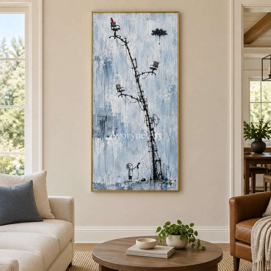 Distant Dialogue playful character wall art with a gold frame hanging in a living room