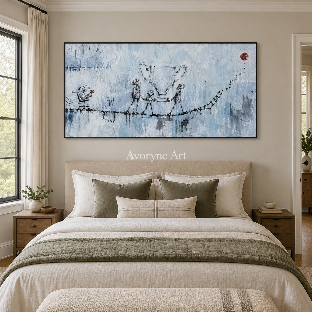 Lucent Cadence playful character wall art with a black frame above a bed in a bedroom
