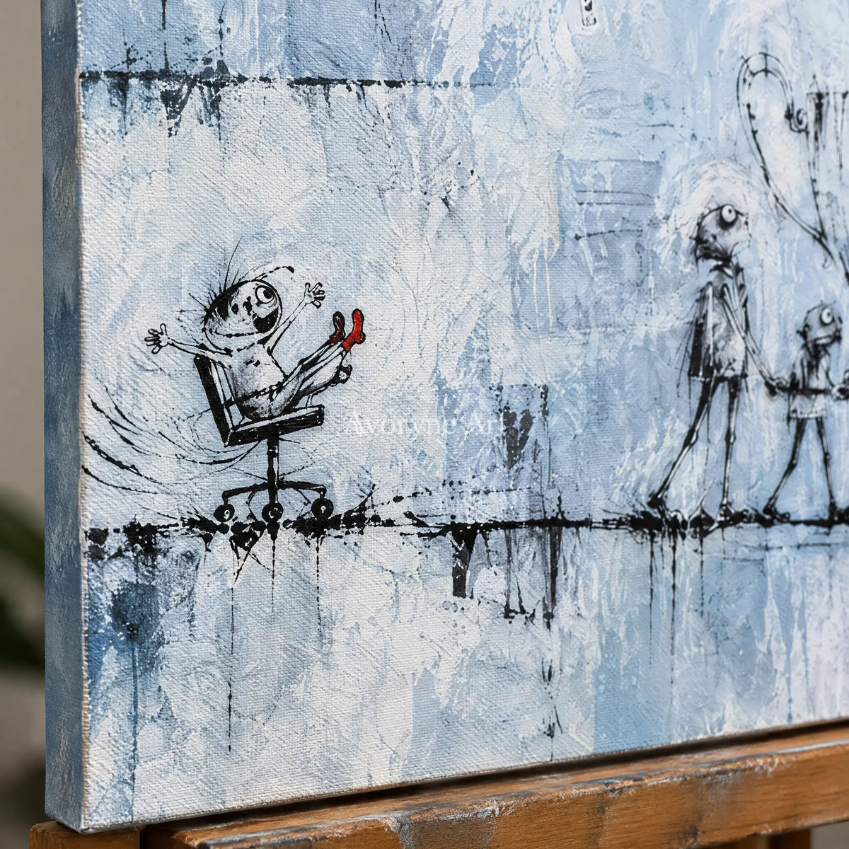 Close-up of the hand-painted texture of Lucent Cadence playful character wall art on an easel