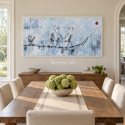 Lucent Cadence playful character wall art with a white frame in a dining room