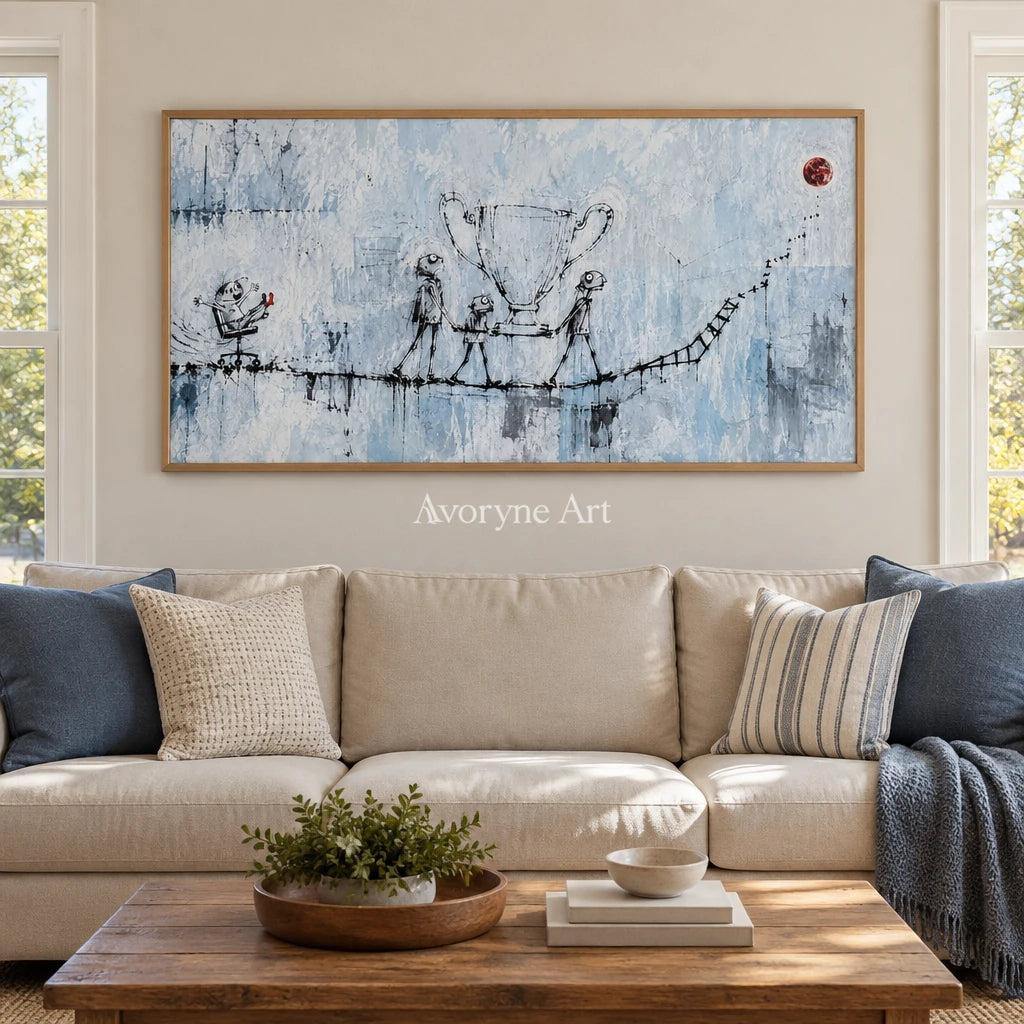 Lucent Cadence playful character wall art with a wood frame in a villa living space