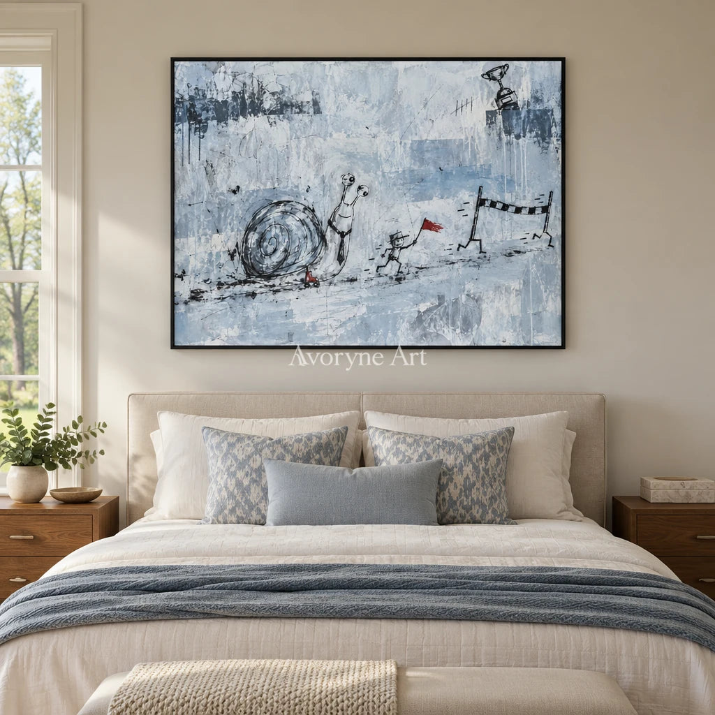 Lucent Passage playful character wall art with a black frame above a bed in a bedroom