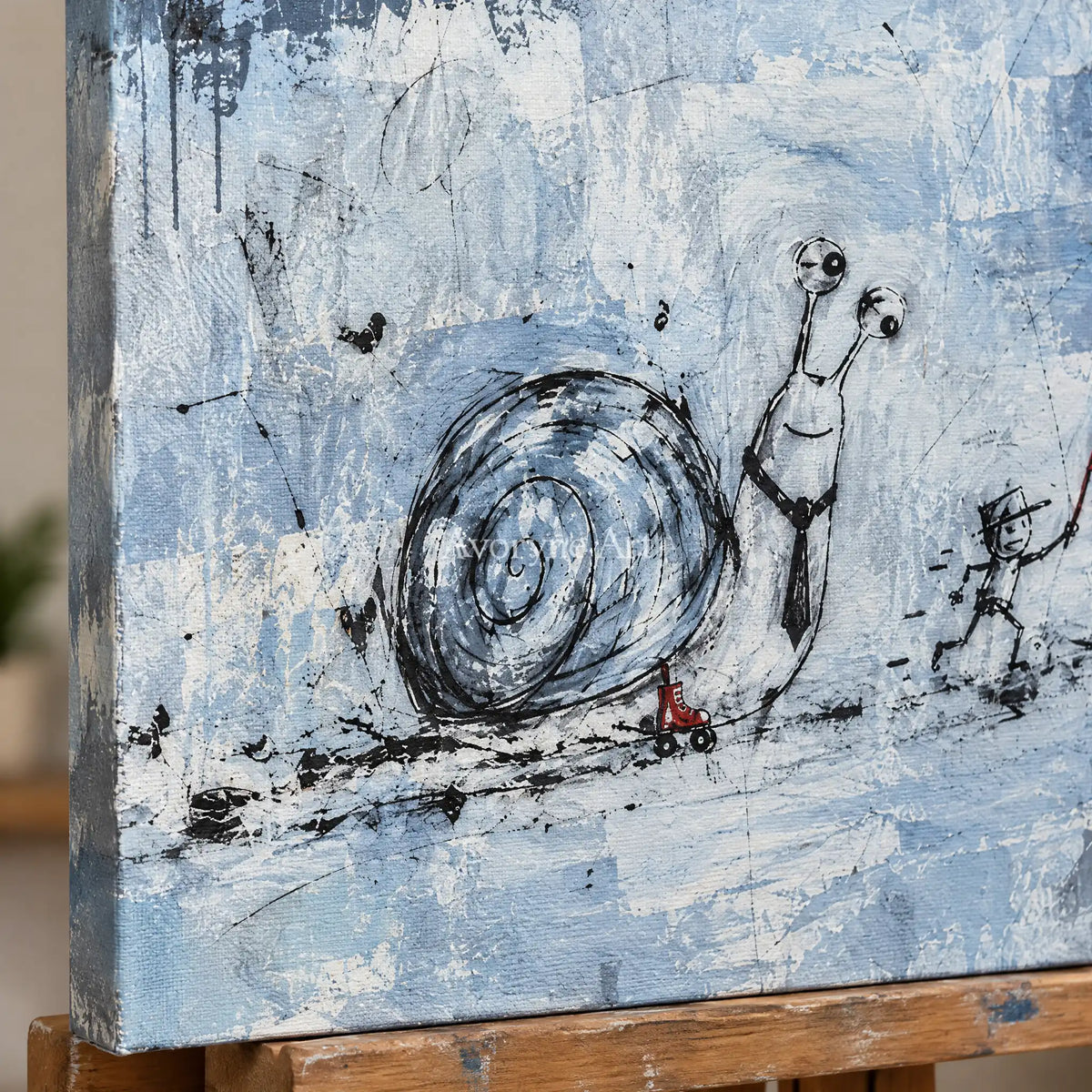 Close-up of the hand-painted texture of Lucent Passage playful character wall art on an easel