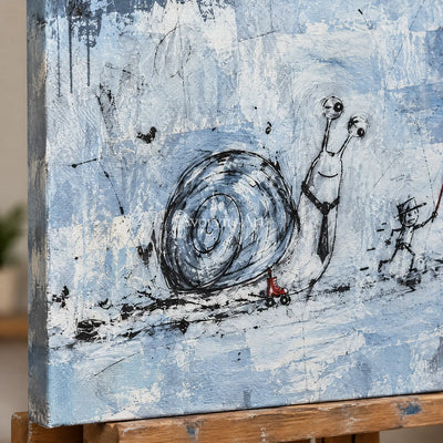 Close-up of the hand-painted texture of Lucent Passage playful character wall art on an easel