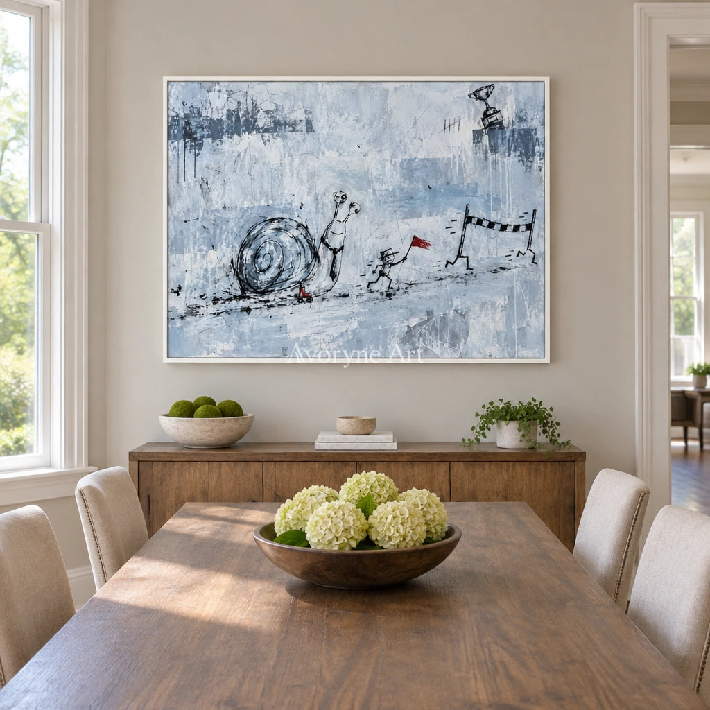 Lucent Passage playful character wall art with a white frame in a dining room