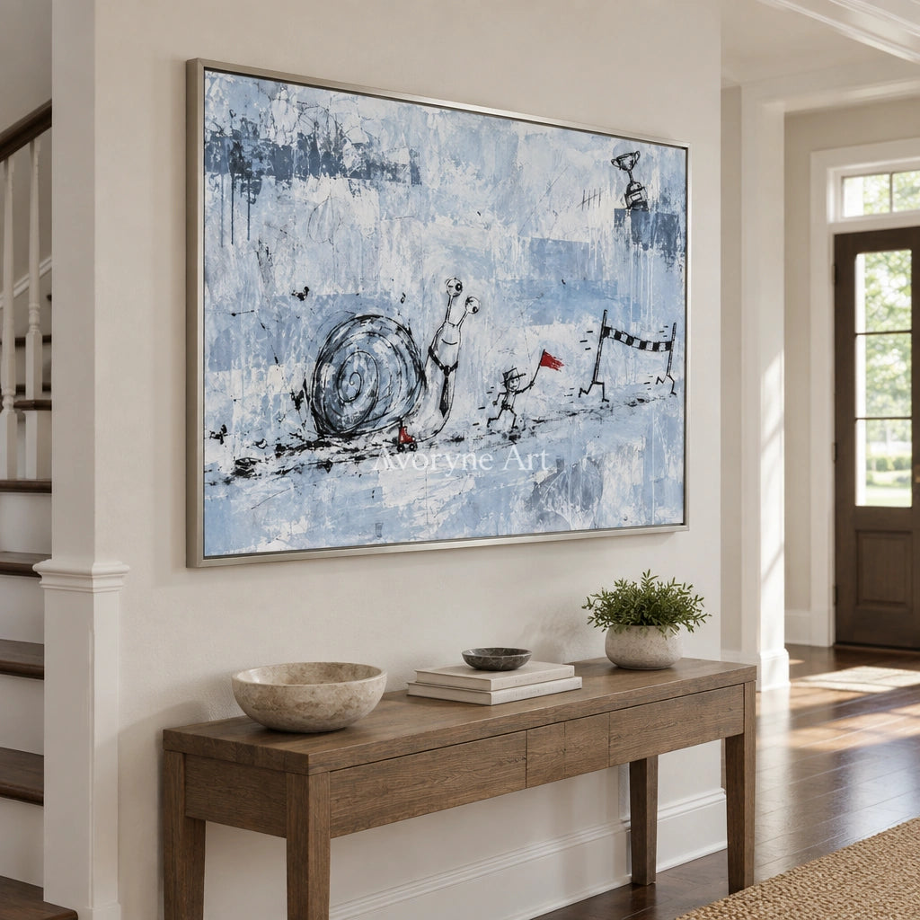 Lucent Passage playful character wall art with a silver frame in an entryway