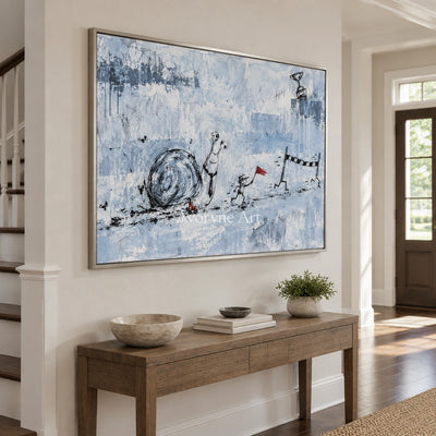 Lucent Passage playful character wall art with a silver frame in an entryway
