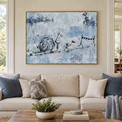 Lucent Passage playful character wall art with a gold frame hanging in a living room