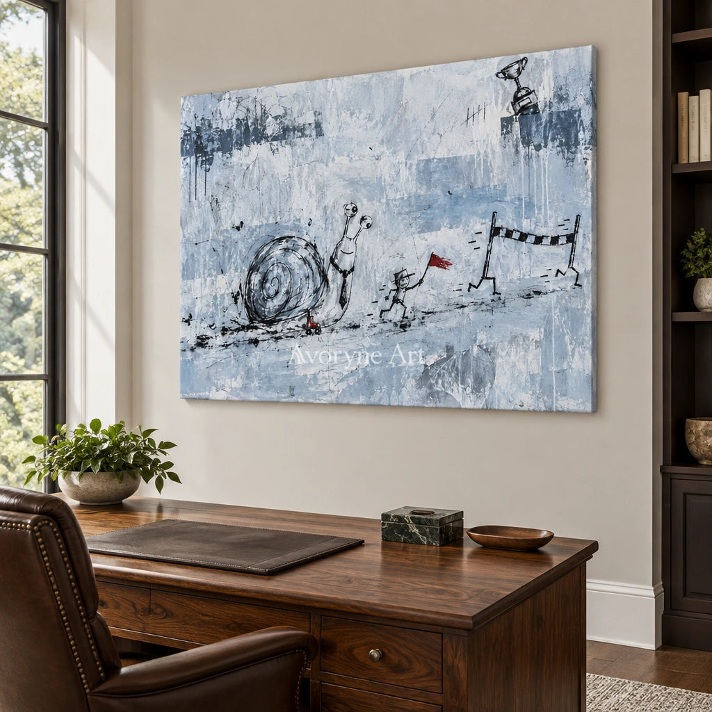 Lucent Passage playful character wall art as a frameless stretched canvas in a home office