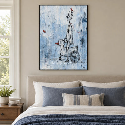 Lucent Reverie playful character wall art with a black frame above a bed in a bedroom