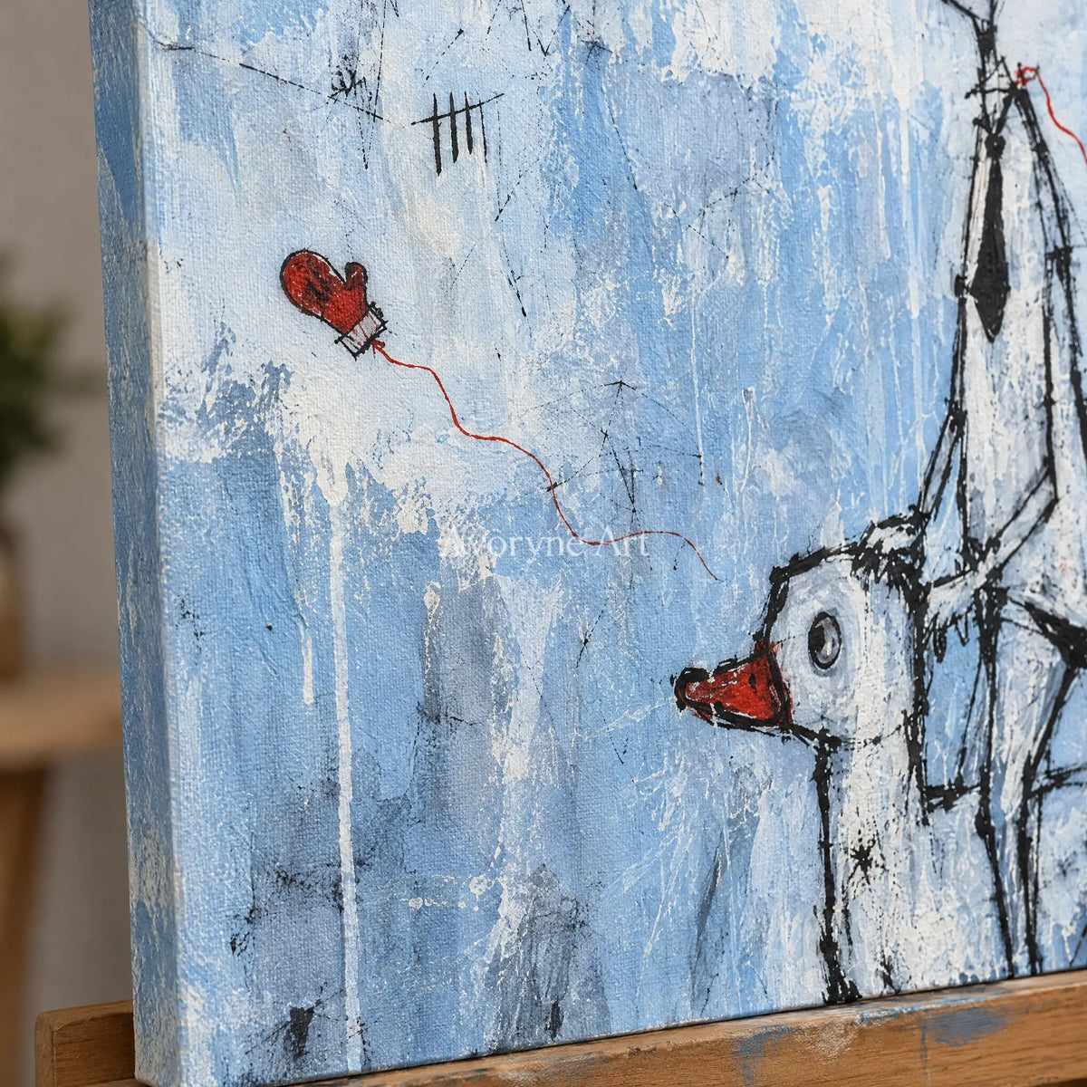 Close-up of the hand-painted texture of Lucent Reverie playful character wall art on an easel