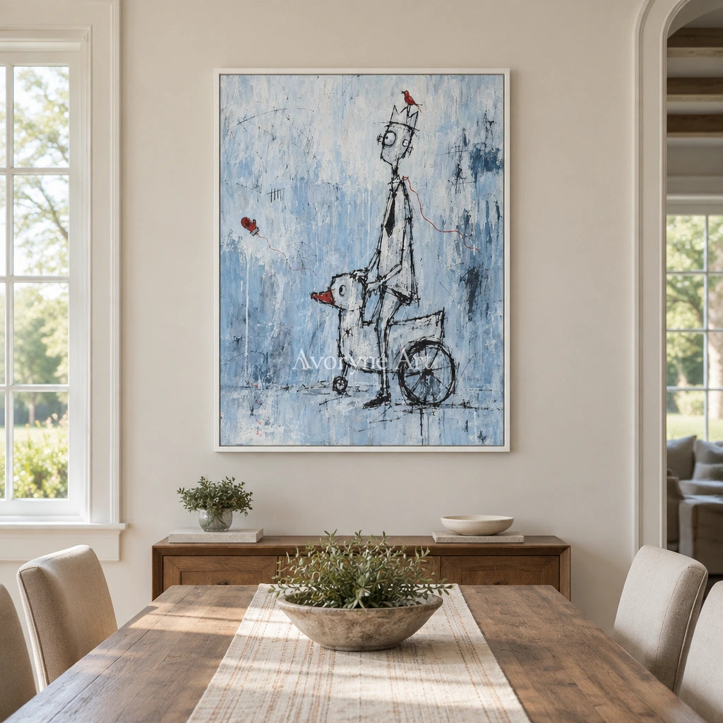 Lucent Reverie playful character wall art with a white frame in a dining room