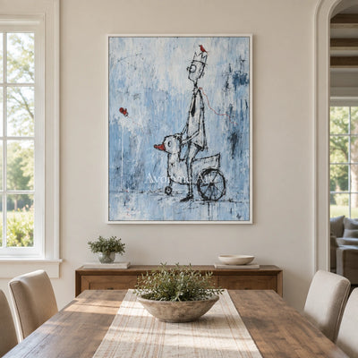 Lucent Reverie playful character wall art with a white frame in a dining room