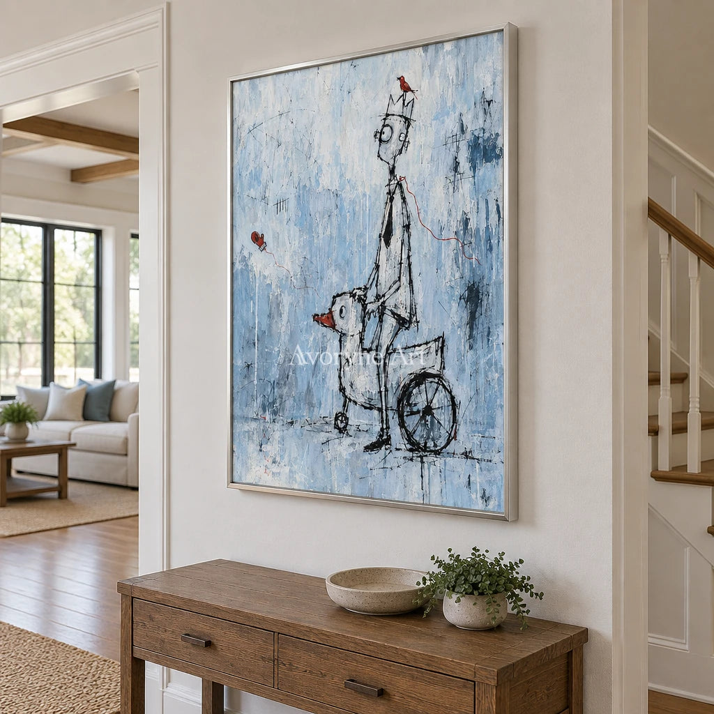 Lucent Reverie playful character wall art with a silver frame in an entryway