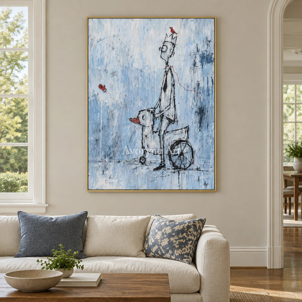 Lucent Reverie playful character wall art with a gold frame hanging in a living room