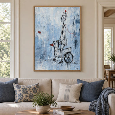 Lucent Reverie playful character wall art with a wood frame in a villa living space