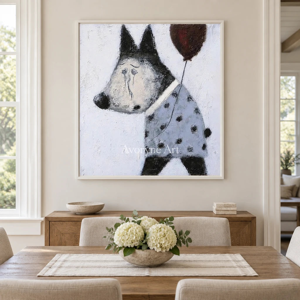 Aster Haze: Playful Dog Art — dining white