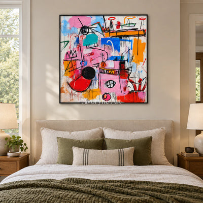 Chromatic Play: Pop Colorful Graffiti Faces Wall Art — bedroom black