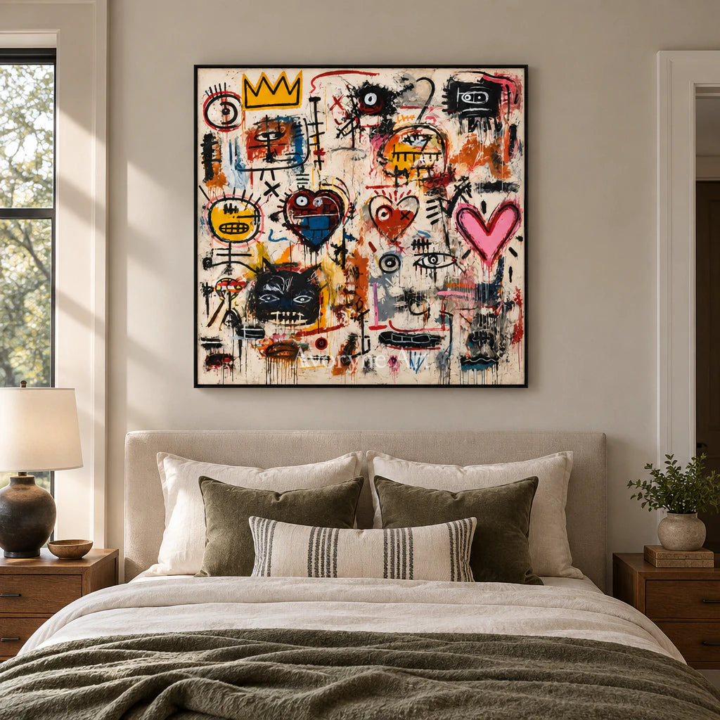 Street Chorus: Pop Colorful Graffiti Faces Wall Art — bedroom black