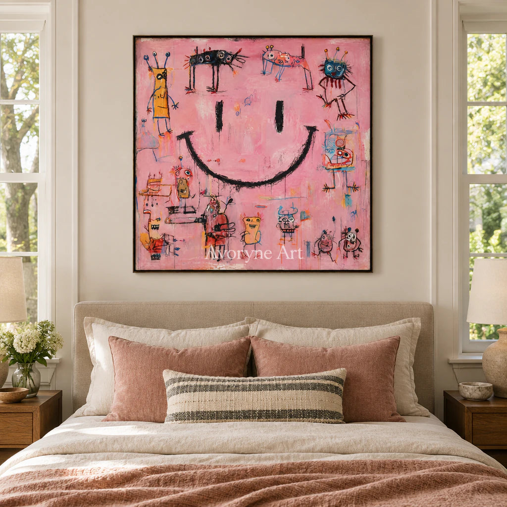 Pink Mischief: Pop Colorful Smiley Graffiti Wall Art — bedroom black