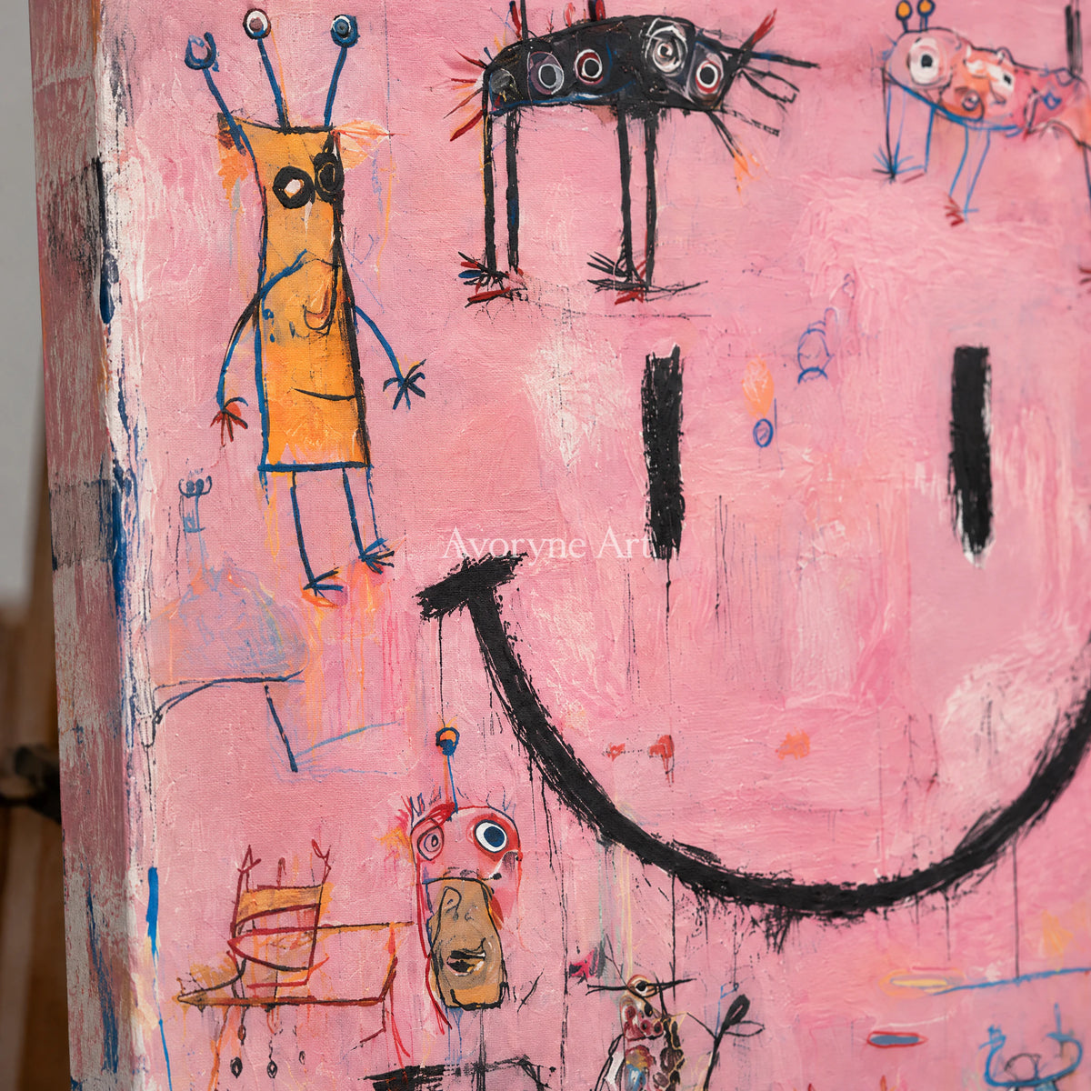 Pink Mischief: Pop Colorful Smiley Graffiti Wall Art — detail easel