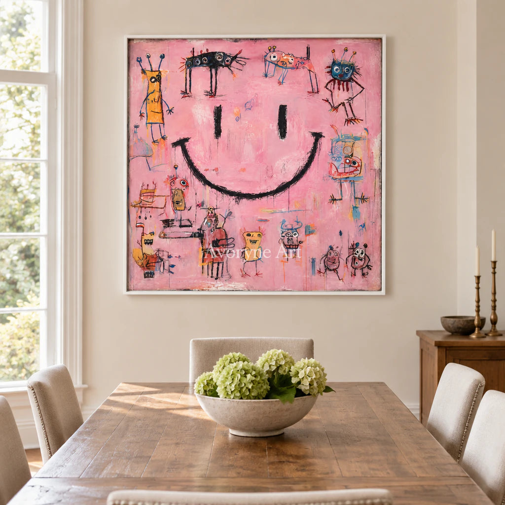 Pink Mischief: Pop Colorful Smiley Graffiti Wall Art — dining white